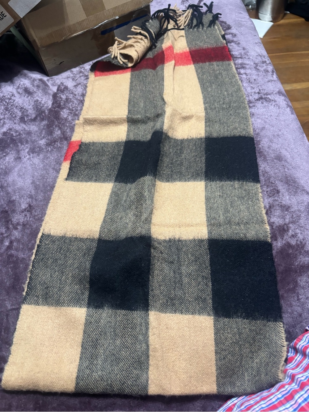 Burberry Tan Black Red Check Cashmere scarf/ Wrap